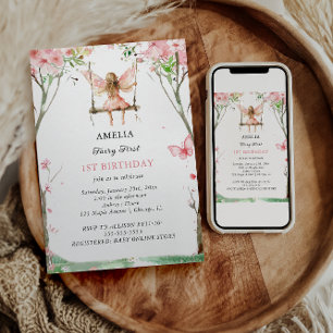 Fairy First Watercolor Floral Girls 1. Geburtstag Einladung