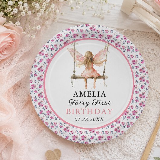 Fairy First Watercolor Floral Girls 1. Geburtstag Pappteller