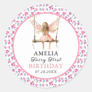 Fairy First Watercolor Floral Girls 1. Geburtstag Runder Aufkleber