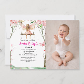 Fairy First Watercolor Floral Girls 1st Birthday Einladung