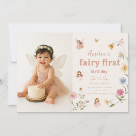 Fairy First Watercolor Widflower Birthday Photo Einladung