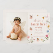 Fairy First Watercolor Widflower Birthday Photo Einladung (Vorne/Hinten)