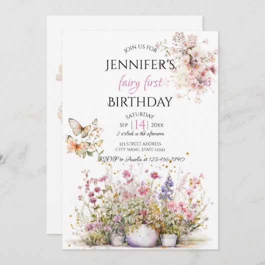 Fairy Floral Erster Geburtstag Einladung (Vorne/Hinten)