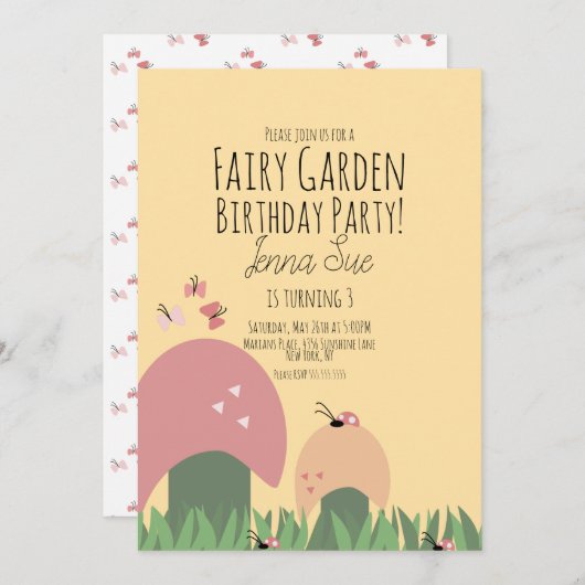 Fairy Garden 1st Birthday Ladybugs Butterflies Einladung (Vorne/Hinten)