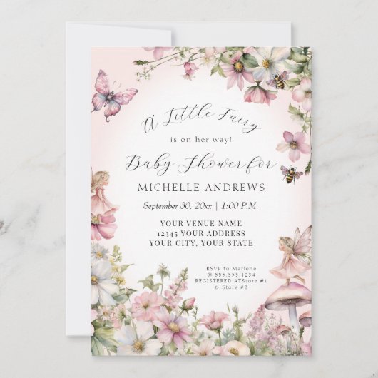 Fairy Garden Mushroom Floral Pink Girl Babydusche Einladung (Vorderseite)