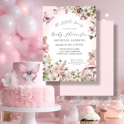 Fairy Garden Mushroom Floral Pink Girl Babydusche Einladung