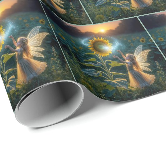 Fairy Girl Gießen eines Zaubers auf einer Sonnenbl Geschenkpapier (Rolleneckpunkt)