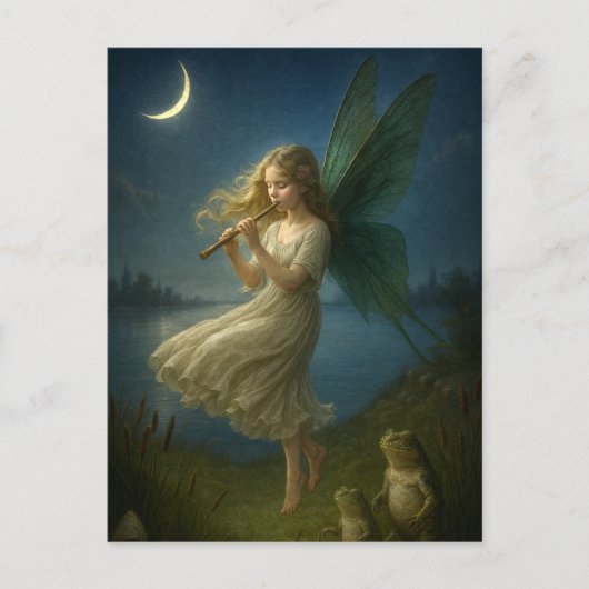Fairy Girl Playing A Flute To Frogs In Moonlight Postkarte (Vorderseite)