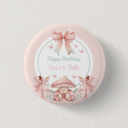Fairy Girls Mushroom House Ribbon Twins Geburtstag Button