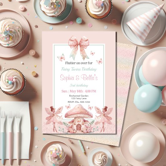 Fairy Girls Mushroom House Ribbon Twins Geburtstag Einladung