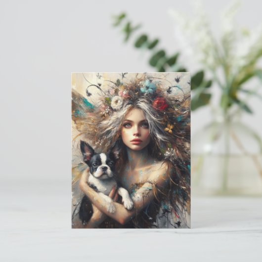 Fairy Holding a Niedlich Boston Terrier Puppy Postkarte (Stehend Vorderseite)