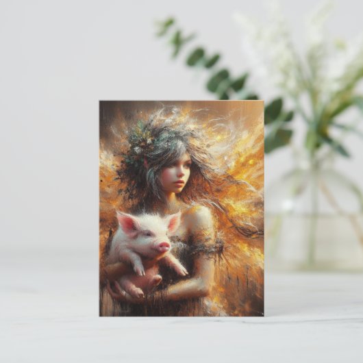 Fairy Holding a Young Pig Postkarte (Stehend Vorderseite)