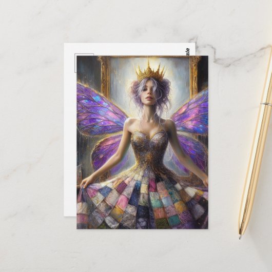Fairy in einem gequilten Kleid, das beim Spiegel s Postkarte (Vorderseite/Rückseite Beispiel)