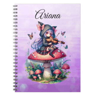 Fairy in Hoodie Viola spielen auf einem Pilz Notizblock