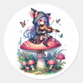 Fairy in Hoodie Viola spielen auf einem Pilz Runder Aufkleber (Vorderseite)
