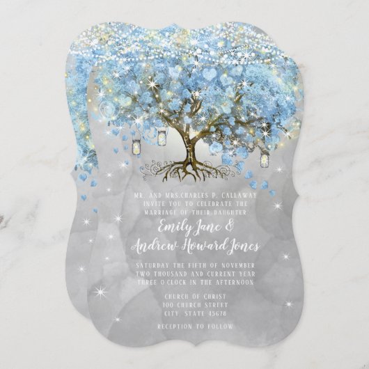 Fairy Lights Blue Heart Leaf Tree Wasserfarbe Einladung (Vorne/Hinten)