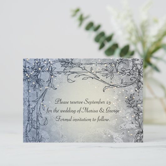 Fairy Lights Blue Whimsy Save the Date (Stehend Vorderseite)