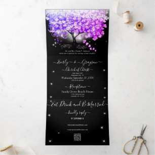 Fairy Lights Elegante Pflaume Pink Heart Leaf Wedd Dreifach Gefaltete Einladung