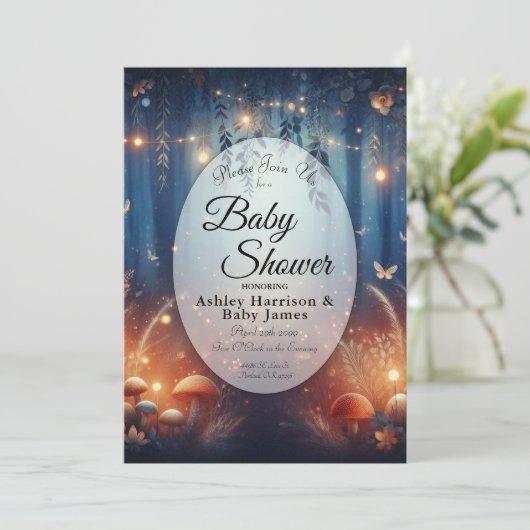 Fairy Lights in a Moonlit Forest Baby Shower Einladung (Stehend Vorderseite)