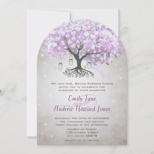 Fairy Lights Mason Jar Lavender Leaf Tree Wedding Einladung (Vorderseite)