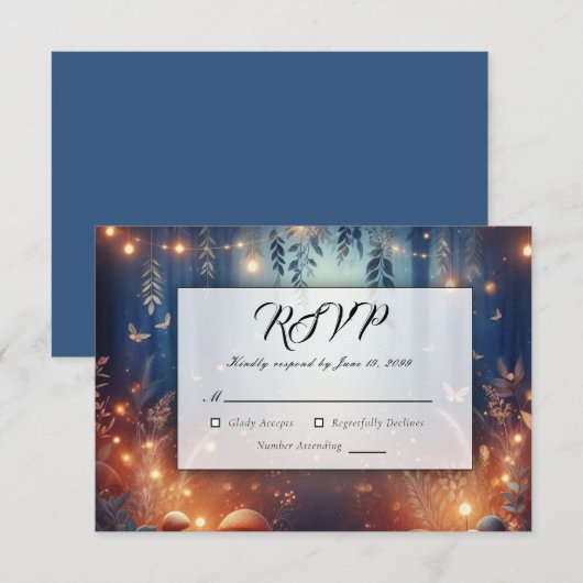 Fairy Lights und Moonlit Forest Magic Wedding RSVP Karte (Vorne/Hinten)