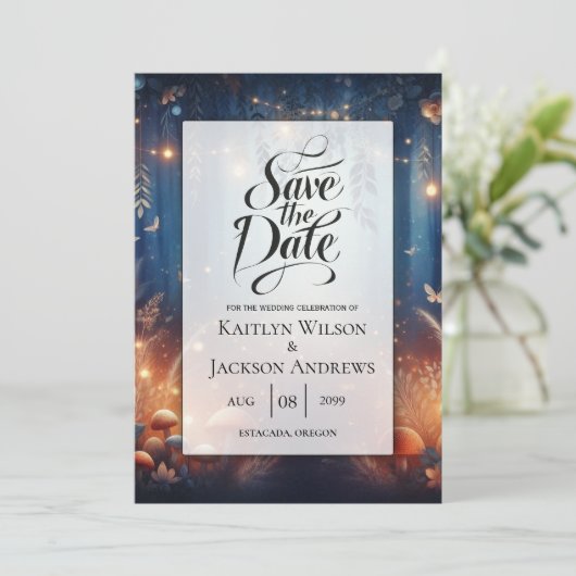 Fairy Lights und Moonlit Forest Magic Wedding Save The Date (Stehend Vorderseite)