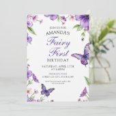 Fairy Lila Floral Butterfly Erster Geburtstag Einladung (Stehend Vorderseite)