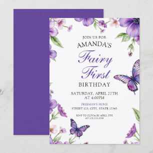 Fairy Lila Floral Butterfly Erster Geburtstag Einladung