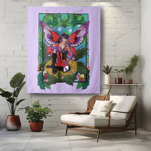 Fairy Lila Red Mushroom Gothic Wandteppich