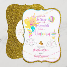 Fairy Mermaid Unicorn Einladungen Gold Glitzer