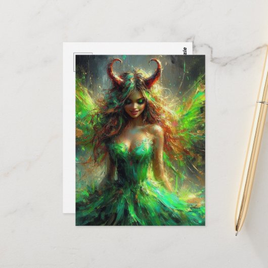 Fairy mit Hörnern in einem grünen Kleid Postkarte (Vorderseite/Rückseite Beispiel)