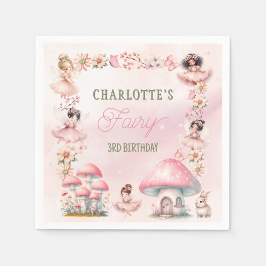Fairy Mushroom House Pink Birthday Serviette (Vorderseite)