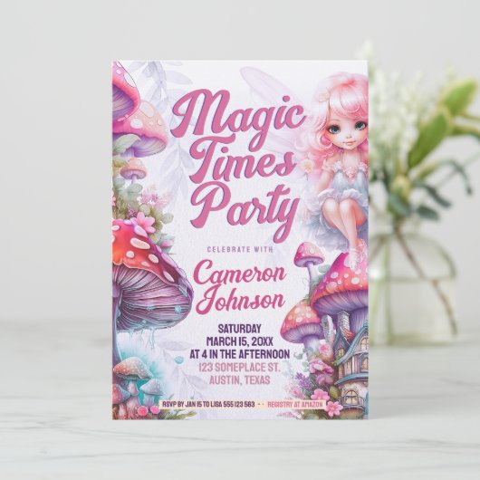 Fairy Mushroom Magic Times Whimsical Party Einladung (Stehend Vorderseite)