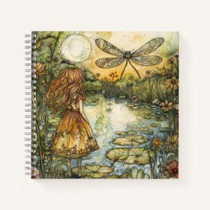 Fairy neben dem Teich und dem Dragonfly-Notebook Notizblock