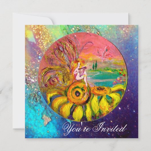 FAIRY OF THE SUNFLOWERS Gelb-Blau-Funkel Einladung (Vorderseite)