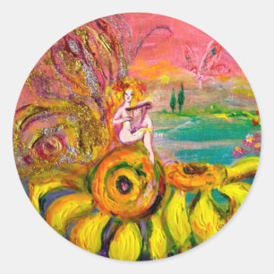 FAIRY OF THE SUNFLOWERS Gelb rosa schwarz Runder Aufkleber