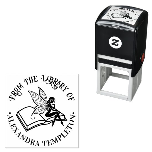 Fairy on Open Book “From the Library of” Name Permastempel (Beispiel)