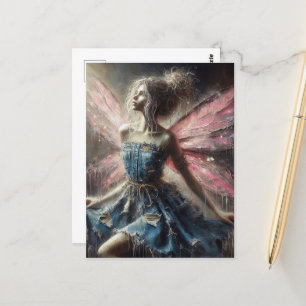 Fairy Patchwork Denim Dress Pink Wings Postkarte