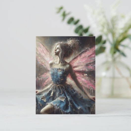 Fairy Patchwork Denim Dress Pink Wings Postkarte (Stehend Vorderseite)