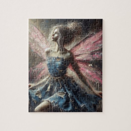 Fairy Patchwork Denim Dress Pink Wings Puzzle (Vertikal)