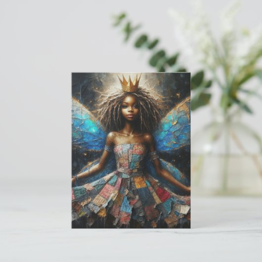 Fairy Patchwork Dress Blue Wings und eine Goldkron Postkarte (Stehend Vorderseite)
