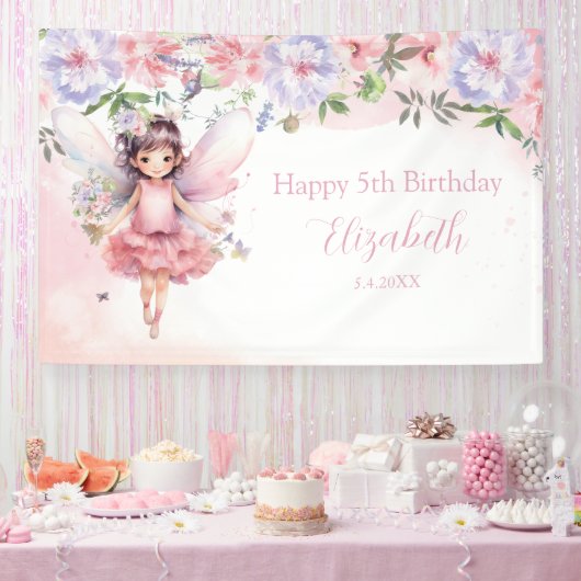 Fairy pink forest Happy Birthday backdrop banner (Party)