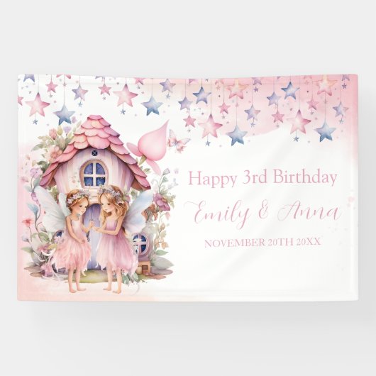 Fairy pink forest Happy Birthday  backdrop banner (Horizontal)