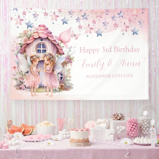 Fairy pink forest Happy Birthday backdrop banner (Party)