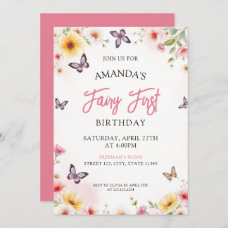 Fairy Pink & Yellow Floral Butterfly 1 Geburtstag Einladung