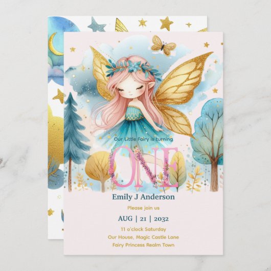 Fairy Princess 1st Birthday ONE Pink Fairycore Einladung (Vorne/Hinten)