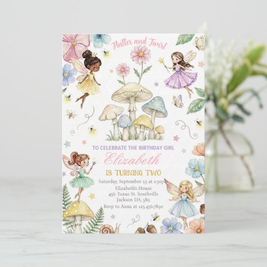 Fairy Princess Flower Garden Girls Birthday Einladung (Stehend Vorderseite)