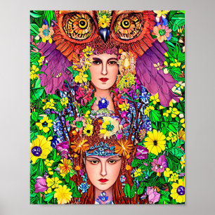 Fairy Princess Sisters Owl Original Art Nouveau Poster