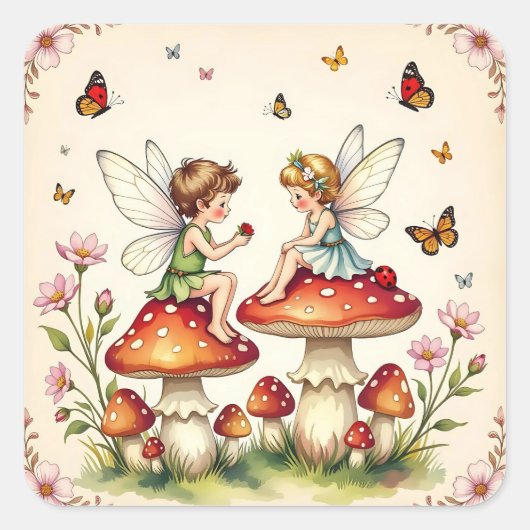 Fairy Proposing on Mushrooms Vintage Quadratischer Aufkleber (Vorderseite)