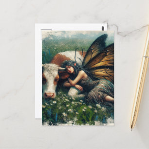 Fairy Queen schläft auf ihrem Haustier Kuh Postkarte